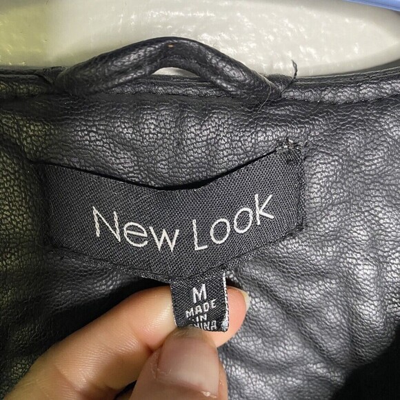 New Look Women SZ Medium Black Faux Leather Moto Jacket Full Side Zip Biker Coat - Picture 5 of 12